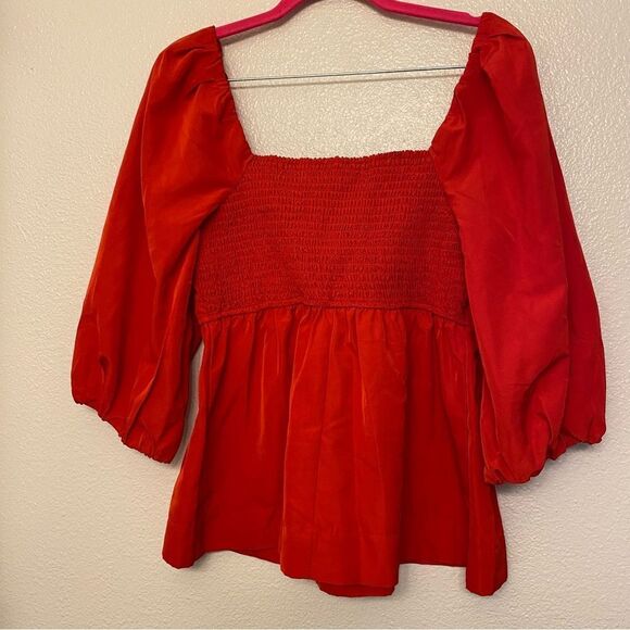 Free Assembly Square Neck Peplum smocked peasant puff sleeve red blouse - S - Picture 3 of 10